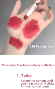 Detail view of matte lip mud shade 05, warm reddish brown with sponge tip applicator