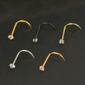 Five colors of 316 stainless steel L-shaped nose studs with round zircon gemstones