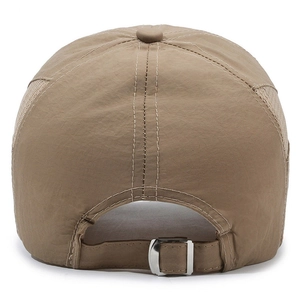 Khaki breathable mesh baseball cap with adjustable metal buckle back view on white background