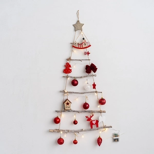 Nordic wall-mounted wooden Christmas tree with LED lights and festive ornaments