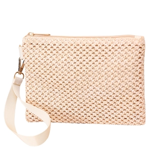 Minimalist beige woven straw wristlet bag with zipper closure and detachable strap