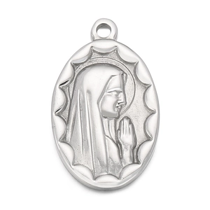 Pendentif ovale Marie en acier inoxydable argenté avec mains en prière pour colliers