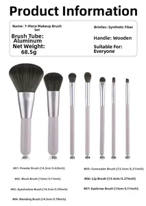 7pcs purple makeup brush set with dimensions and fiber hair details for daily use