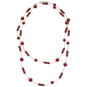 Elegant multi-layered red faux pearl long necklace with polished beads and silver clasp