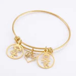 Adjustable Bangle Stainless Steel Hollow Boy Girl Heart Pendants Family Love Jewelry Fashion Elegant Women