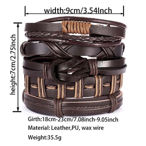 Detailed size guide for multi-layer leather braided bracelet with material and weight info