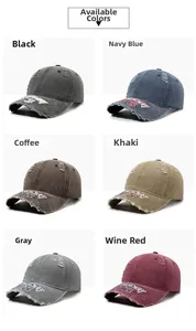 Casquettes vintage en six couleurs avec effet usé et broderie sur la visière déchirée