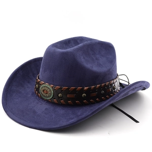 Close-up of navy blue suede cowboy hat with leather rivet band and turquoise emblem detail
