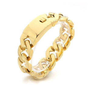 Polished 24mm wide gold stainless steel Cuban link bracelet for men with rectangular ID plate