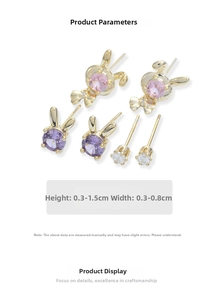 Detailed view of three-pair earring set featuring cute rabbits and round zircons
