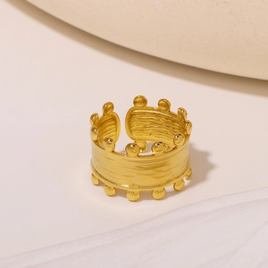 18K gold plated stainless steel crown ring with textured double row bead design