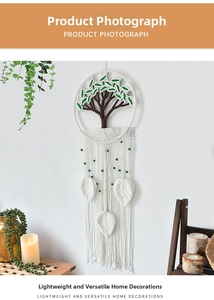 Detail of bohemian woven tree of life tapestry with cotton ropes and green wooden beads