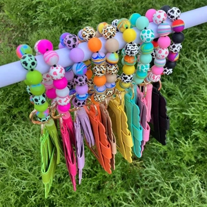 Silicone bead wristlet keychain with matching card holder and tassel in various colors