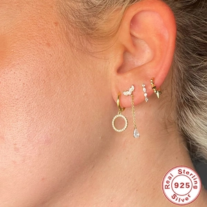 Classic S925 sterling silver gold-plated hoop earring set with cubic zirconia pendants