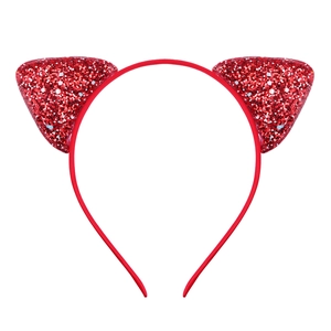 Close-up of glittery red cat ears headband for girls with sparkling sequins and fabric wrap