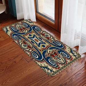 Bohemian mandala runner rug with geometric patterns on dark wood floor for hallway