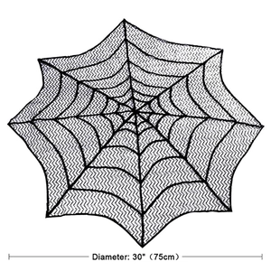 Detail diagram of a 30 inch black spider web lace tablecloth for Halloween decor