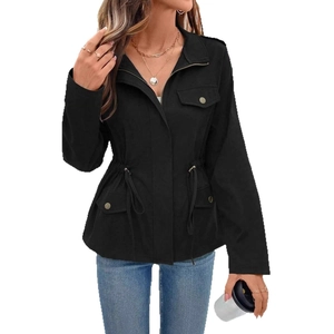 Women's black utility jacket with adjustable drawstring waist and multiple cargo pockets
