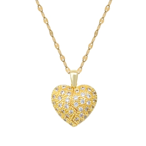 Gold double-layered necklace featuring a sparkling heart pendant with micro-paved diamonds