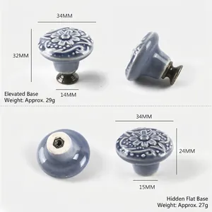 Blue ceramic drawer knob with vintage floral pattern and various metal base styles