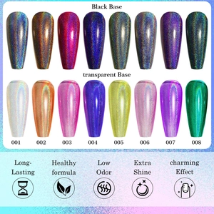 Holographic laser nail polish set with 8 vibrant colors shown on black and clear bases