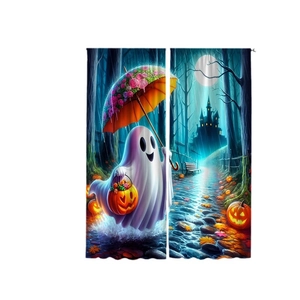 Halloween polyester curtains featuring cute ghost with pumpkin basket in mystic forest
