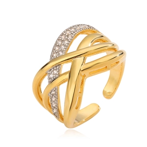 18K gold plated multi-layer crossover open ring with zircon pavé in irregular geometry
