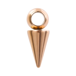 Macro view of a 18k rose gold cone-shaped pendant with a polished metallic finish
