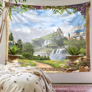 Detailansicht eines Fantasy-Landschaft-Wandteppichs mit Bergen und Wasserfall im Zimmer