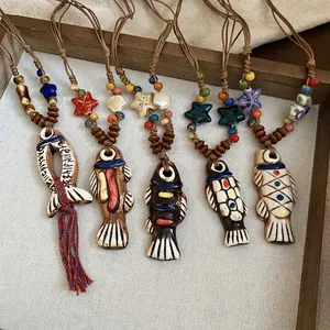 Vintage Ethnic Ceramic Fish Pendant Necklace With Wood Beads Starfish Shell Braided Rope For Women Bohemian Style
