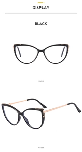 Detail showing black cat eye TR90 glasses frame with gold metal accents from two angles