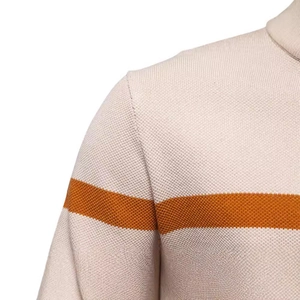 Herren-Strickpullover mit halbem Reißverschluss in Beige mit orangen Streifen