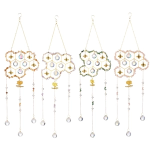 Honeycomb crystal suncatchers with golden bees and natural gemstone beads for window decor