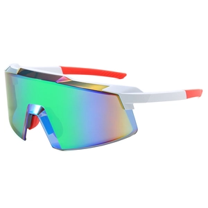 Cycling sunglasses with white frame, red temples, and colorful mirrored sports lenses