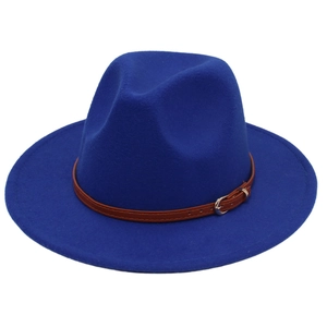 Detail of royal blue wool fedora with a brown faux leather belt and silver buckle