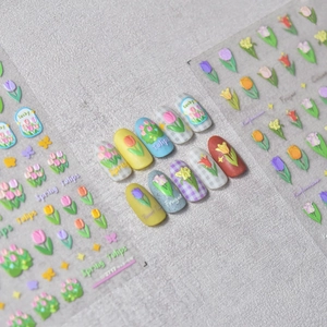 Relief Nail Art Stickers Tulip Lily Of The Valley Embossed Flower Butterfly Bow DIY Manicure Decoration Macaron Colors