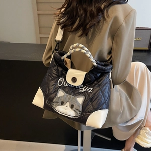 Quilted black down puffer tote bag with cat embroidery and adjustable strap for women
