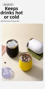 Three 12oz stainless steel wine tumblers in black, white, and yellow with lids