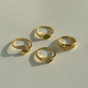 18k gold plated stainless steel ring set featuring green emerald zircon and compass design