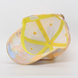 Detailed view of the interior and wash label of this colorful floral kids cap