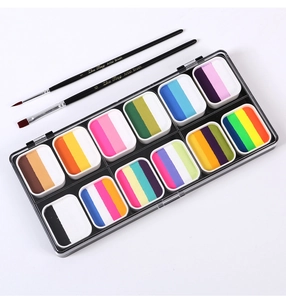 Macro shot of 12-color water-based body paint kit with two professional artist brushes
