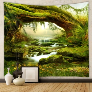 Vibrant forest tapestry with waterfall and sunlight hanging as minimalist wall decor