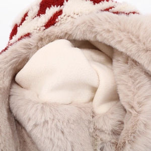 Detail of knitted winter hat showing houndstooth pattern and thick faux fur lining