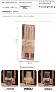 Detail view of colorful tapered long candles set with size specifications and dimensions