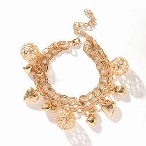 Bracciale Multistrato In Lega Con Ciondoli A Cuore E Sfera Cava Tonalità Oro Gioiello Regolabile Da Donna