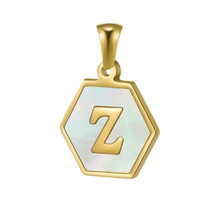 Detailed macro shot of a gold hexagonal pendant with a shell inlay and the letter Z