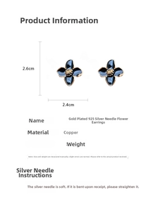 Détail de boucles d'oreilles fleurs dorées avec dimensions et tige en argent 925