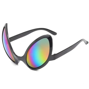 Detail of alien sunglasses featuring black frames and colorful laser-reflective lenses