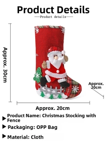 Détail de la botte de Noël en toile rouge avec Père Noël 3D et décor de clôture, 30cm