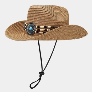 Ethnic wide brim straw sun hat with beaded western band and turquoise accent